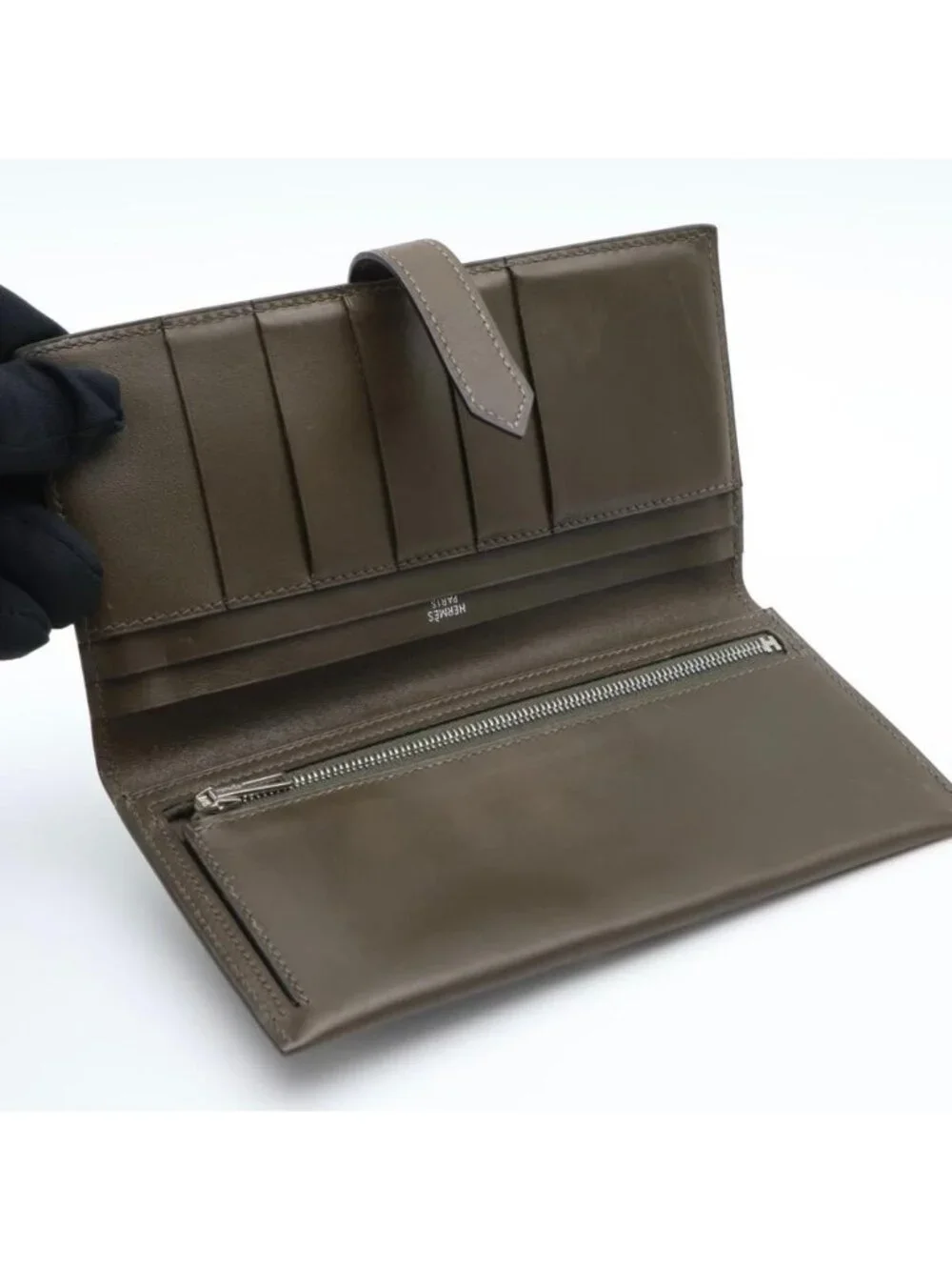 Hermes Bearn Classic Box Calf Khaki Silver Wallet